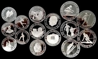 Set Of 15 1982 - 1984 Proof Sarajevo Olympics Silver Coins 100,  250,  500 Dinara