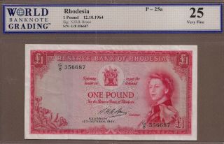 Rhodesia: 1 Pound Banknote,  (vf Wbg25),  P - 25a,  12.  10.  1964,