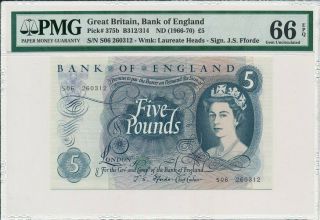 Bank Of England Great Britain 5 Pounds Nd (1966 - 70) Pmg 66epq