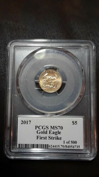 2017 American Gold Eagle 1/10 Oz $5 - Pcgs Ms70 First Strike Al Label 1 Of 500 0