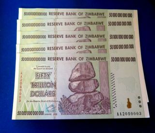 5 X 50 Trillion Zimbabwe Note / 2008 Aa Unc Note Sequencial (zimbabwe)