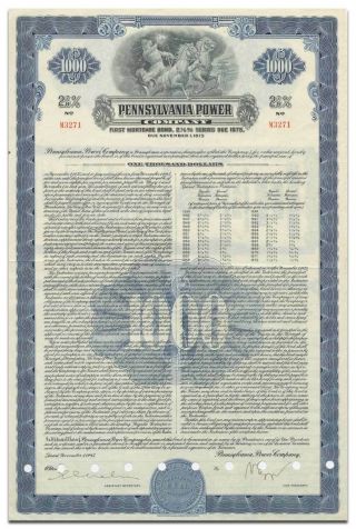 Pennsylvania Power Company Bond Certificate (horse & Chariot Vignette)