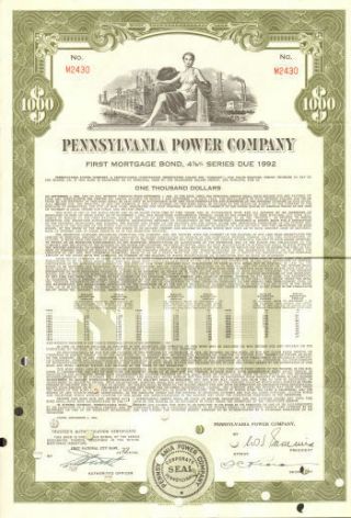 Pennsylvania Power Company $1,  000 Bond Certificate