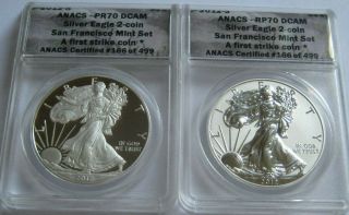 2012 - S Anacs 70/70 Proof & Rervese Proof American Silver Eagle Set First Strike