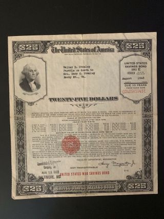 Us War Savings Bond Series E $25 Issued Aug 21 Baltimore Md.  1943
