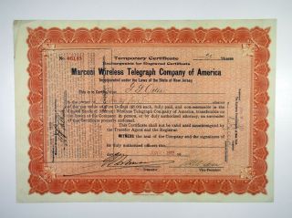 Nj.  Marconi Wireless Telegraph Co.  1912 I/c 22 Shares Stock Certificate.  Vf Abnc
