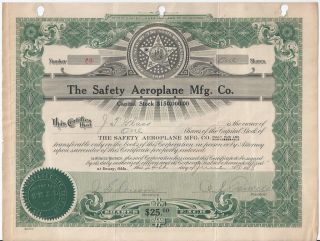Safety Aeroplane Mfg Co Stock Certificate,  Dewey Ok 1918