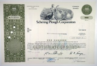 Nj.  Schering - Plough Corp. ,  1971 100 Shrs I/c Stock Certificate,  Xf