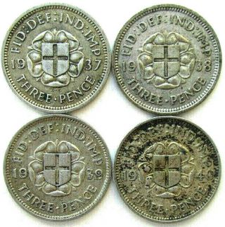 Gb Coins,  Threepence 1937 & 1938 & 1939 & 1940,  George Vi,  Silver 0.  500