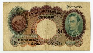 Barbados.  Government Of Barbados 1939 $1,  P - 2b King George Vi At Right,  Vf Bwc