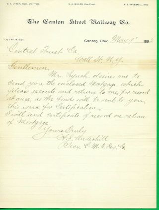 1892 The Canton Street Railway Co.  Of Canton,  Oh.  Street Car Letter