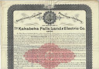 Canada 1891 Kakabeka Falls Land & Electric Co Bond Stock Certificate 44 Ontario