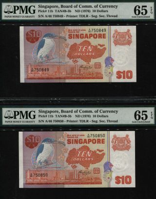 Tt Pk 11b Nd (1976) Singapore 10 Dollars " Kingfisher " Pmg 65q Gem Seq Set Of Two