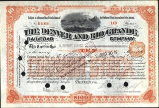 Denver And Rio Grande Rialroad Co.  Of Colorado,  1900,  Cancelled Stock Certificat