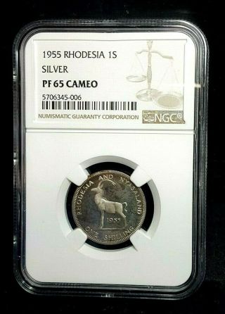 Rhodesia & Nyasaland Proof One Shilling 1s 1955 Ngc Pf65 Cameo Rare 2,  010