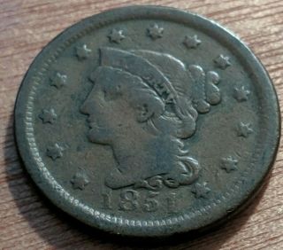 1851 Braided Hair Large One Cent U.  S Coin