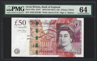 2010 Great Britain Bank Of England 50 Pounds,  Salmon Sig,  Pmg 64 Unc,  Scarce Yr