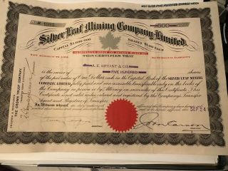 Silver Leaf Mining Company Limited Certificate - 500 Shares - September 24 1912
