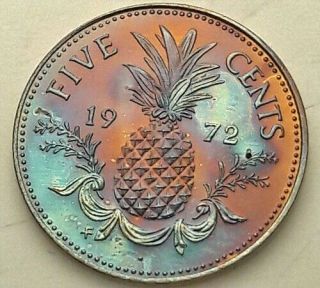 1972 Bahamas Five Cents Bu Unc Color Toned Coin Wow 12