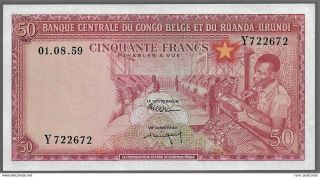 Belgian Congo 50 Francs 1959.  Aunc Foxing