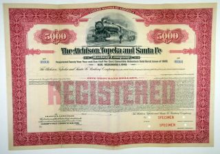 Ks.  Atchison,  Topeka & Santa Fe Railway Co. ,  1928 $5,  000 Reg 4 1/2 Specimen Bnd