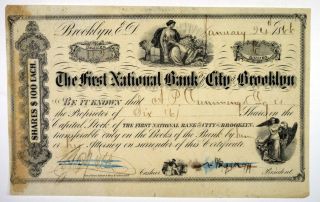 Ny.  First National Bank Of The City Of Brooklyn,  1866 6 Shrs I/c Stock Cert,  Fne