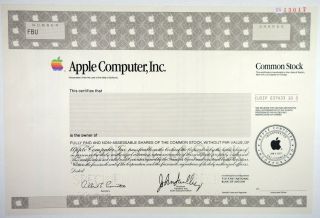 Ca.  Apple Computer,  Inc. ,  1988 Specimen Stock Cert,  Xf John Sculley Sig