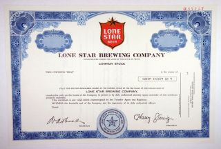 Tx.  Lone Star Brewing Co.  1975 Specimen Stock Certificate,  Xf
