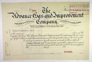 Wv.  Advance Gas & Improvement Co. ,  1890s Capital Stock Specimen Certificate,  Xf