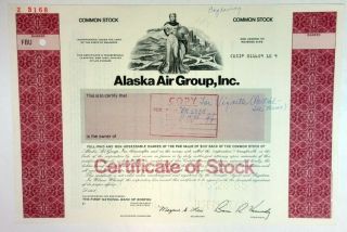 Alaska Air Group,  Inc. ,  1985 Specimen Proof Stock Certificate W/ Archival Notes