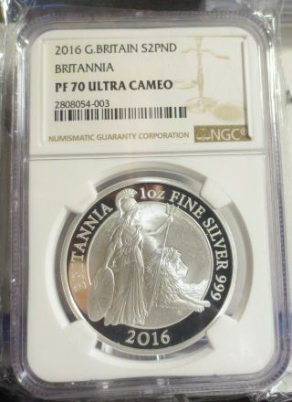 2016 Great Britain 2 Pound 1 Oz.  Silver Britannia Ngc Pf70 Ultra Cameo
