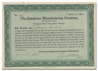Enterprise Manufacturing Company Of Pennsylvania Stock Certificate,  Coffee Mills
