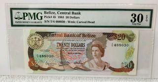 1983 Belize,  Central Bank Pick 45 20 Dollars Pmg 30 Epq Very Fine