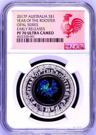 2017 Australia Opal Lunar Year Of The Rooster 1oz Silver Proof Coin Ngc Pf70 Er