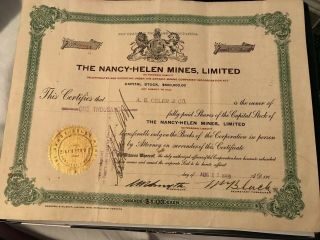 The Nancy - Helen Mines,  Limited - Stock Certificate - 1000 Shares - Aug 17 1909