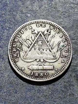 1880 H Nicaragua Silver 10 Centavos Coin