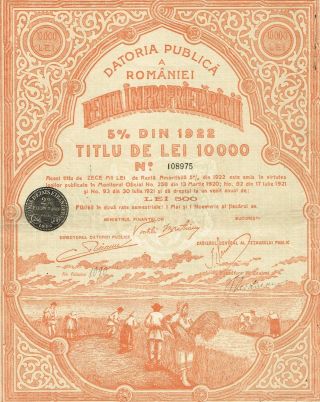 Romania Public Debt Loan Stock Certificate 1922.  10,  000 Lei