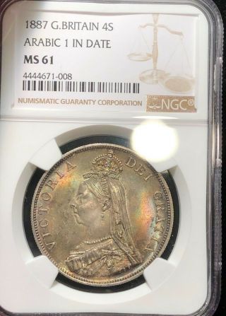 1887 Great Britain Double Florin,  4 Shillings,  Unc,  Ngc Ms 61 Luster