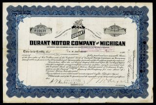 Durant Motor Co.  Of Michigan,  1924 1 Shr Capital Stock I/u Cert Fine Automobile