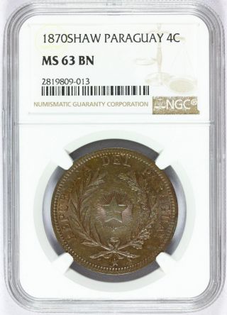 1870 Shaw Paraguay 4 Centesimos Copper Coin - Ngc Ms 63 Bn - Km 4.  1