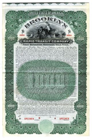 Ny.  Brooklyn Rapid Transit Co. ,  1902 $1,  000 Specimen 4 Coupon Bond,  Xf Fbn