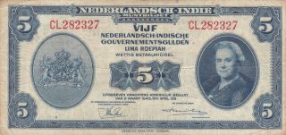 5 Gulden Vf - Fine Banknote From Netherlands Indies 1943 Pick - 113