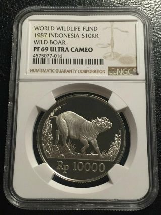 Indonesia 10000 Rupiah 1987 Silver \ngc Pf69uc World Wildlfe Fund