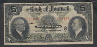 1931 Bank Of Montreal 5 Dollars Bank Note