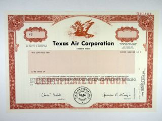 Tx.  Texas Air Corp. ,  1990 Specimen Stock Certificate,  Xf S - C Usbnc Airline