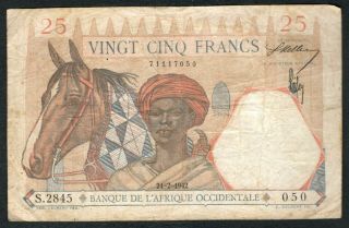 1942 French West Africa 25 Francs Note.