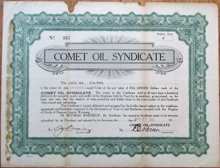 Comet Oil Syndicate 1921 Stock Certificate - Natrona County,  Wyoming
