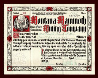 1908 Montana Mammoth Mining Company Stock Certificate Belknap Sanders County