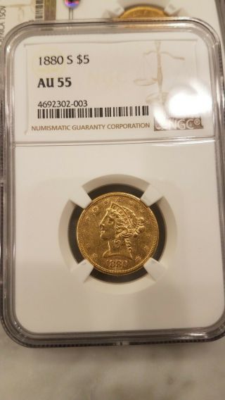 1880 - S $5 Gold Liberty Head Half Eagle Ngc Au58