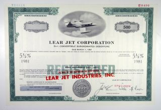 Lear Jet Corp. ,  1960s $500 Registered 5 1/2 Specimen Bond,  Xf Aviation